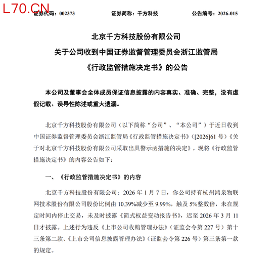 千方科技（002373）收警示函